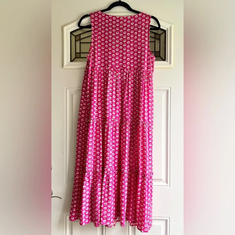J. Crew Floral Sleeveless Tiered Midi Dress in Pink and White Floral Print